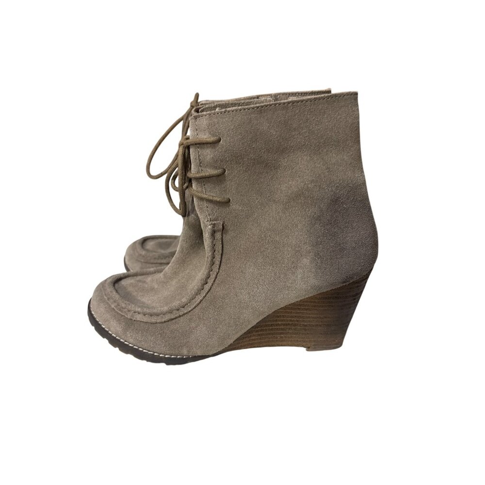Taupe Suede Wedge Ankle Boots With Lace-Up Front & Rubber Soles Womens Size 8 Di